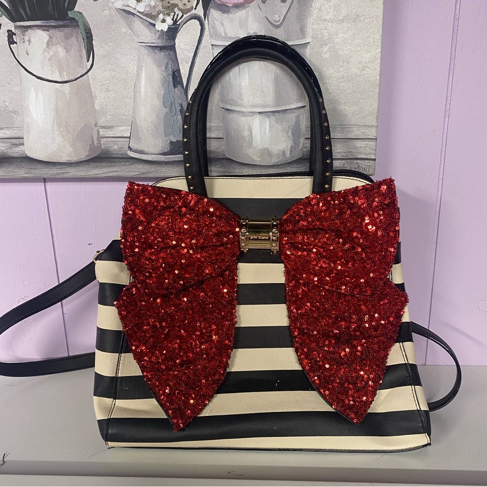 Betsey Johnson Red Glitter Bow Striped Purse